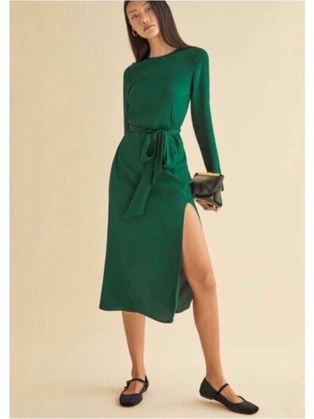 Reformation Emerald Green Jeana Long-Sleeve Tie-Waist Slit Midi Dress